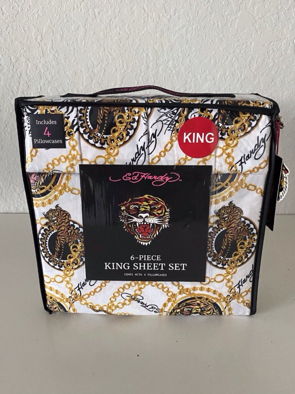 6 Piece Ed Hardy KING Size Sheet Set Americana Asian Tattoo‎ Tiger Print White